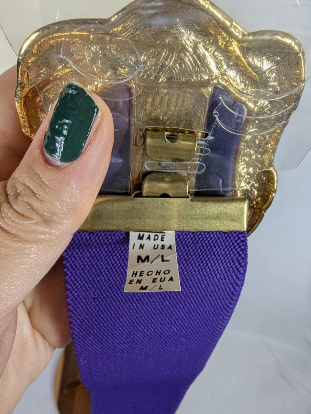 Day-Lor 80s Purple Elastic Cinch Belt Gold Square Friends Buckle USA Vtg 31